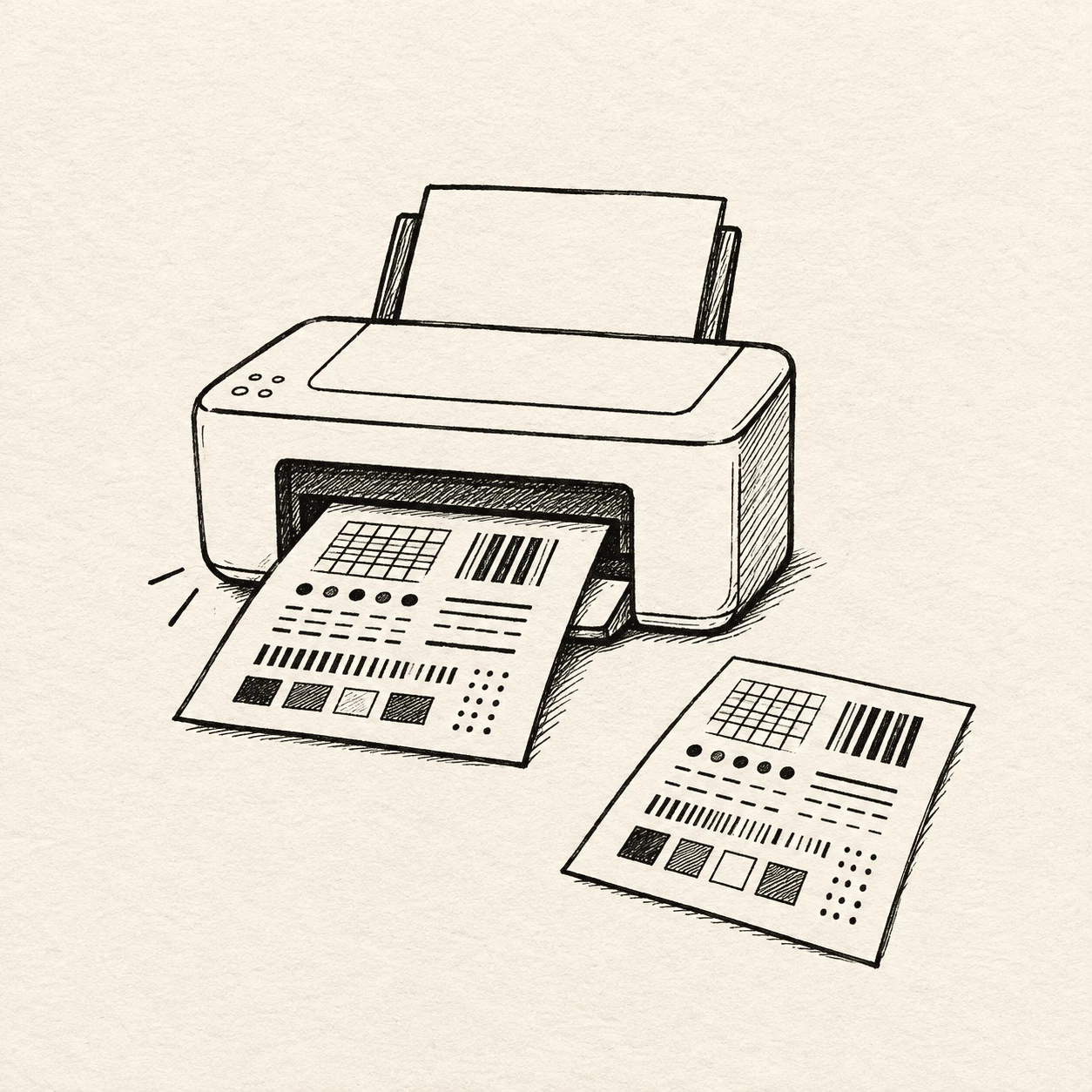 Printed test page with color bars and text on a desk